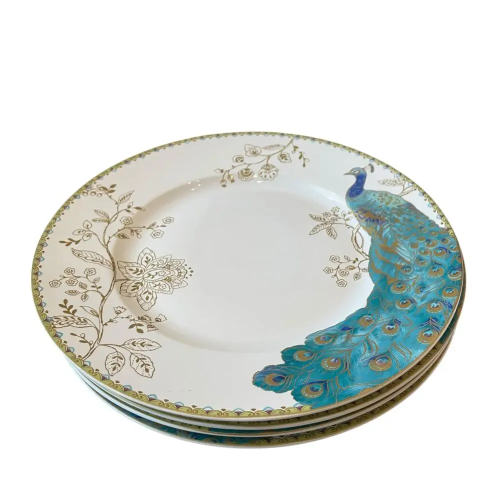 222 FIFTH Peacock Garden Porcelain Dinner Plate Set of 4 Gold Floral Scroll NEW